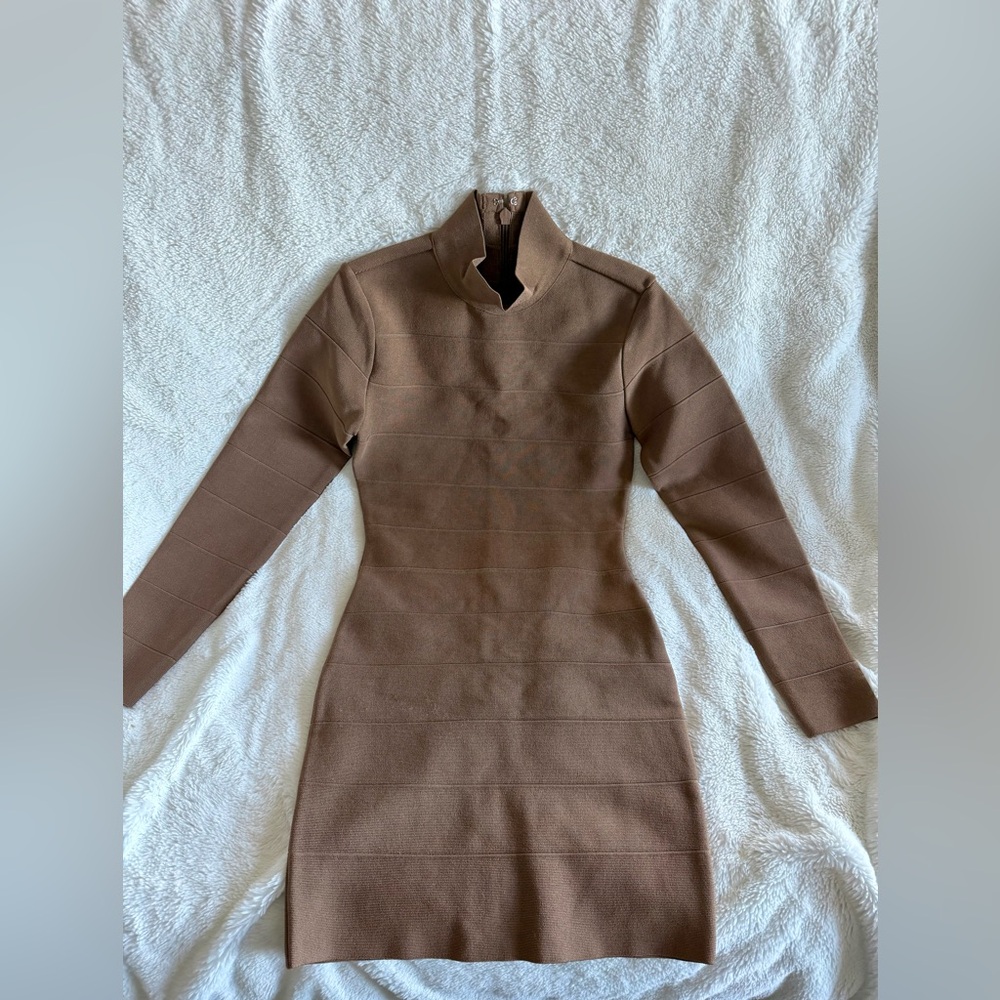Babaton Long Sleeve Bodycon Brown Mini Dress